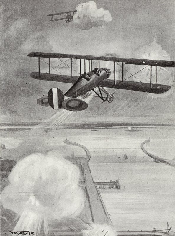 Squadron-Leader Richard Davies e Flight-Lieutenant Richard Peirse che sganciano bombe sulla stazione sottomarina di Zeebrugge sotto pesante fuoco, 23 gennaio 1915 da W. Avis