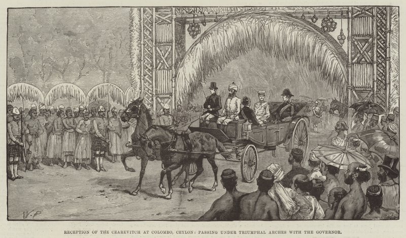 Accoglienza dello Czarevitch a Colombo, Ceylon, passando sotto archi trionfali con il governatore da Walter Paget