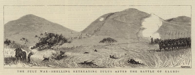 La guerra Zulu, bombardamento degli Zulu in ritirata dopo la battaglia di Ulundi da Thomas Walter Wilson