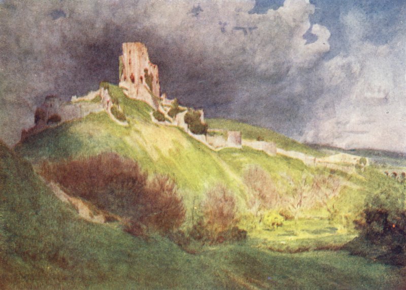 Wessex: Corfe Castle, Il "Corvesgate Castle" di La mano di Ethelberta da Walter Frederick Roofe Tyndale