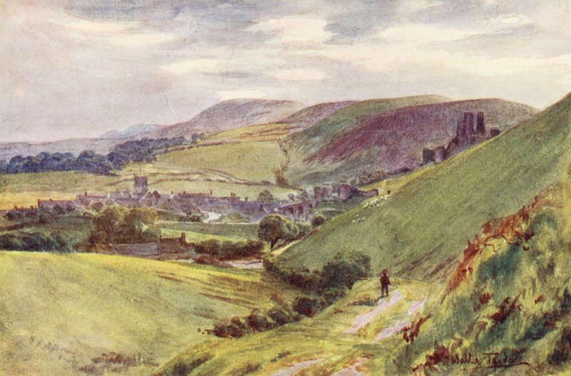 Wessex: Corfe Castle da Nine Barrow Down (litografia a colori) da Walter Frederick Roofe Tyndale