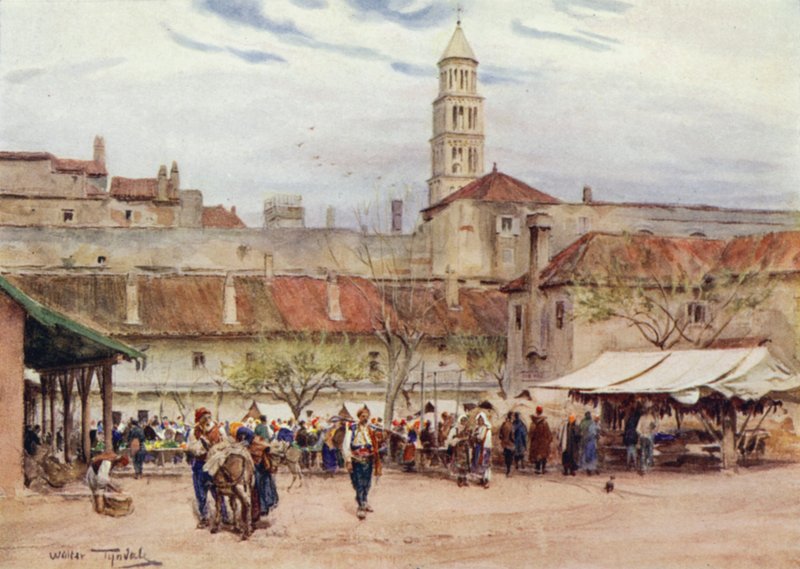 Jugoslavia: Giorno di mercato a Spalato (litografia a colori) da Walter Frederick Roofe Tyndale