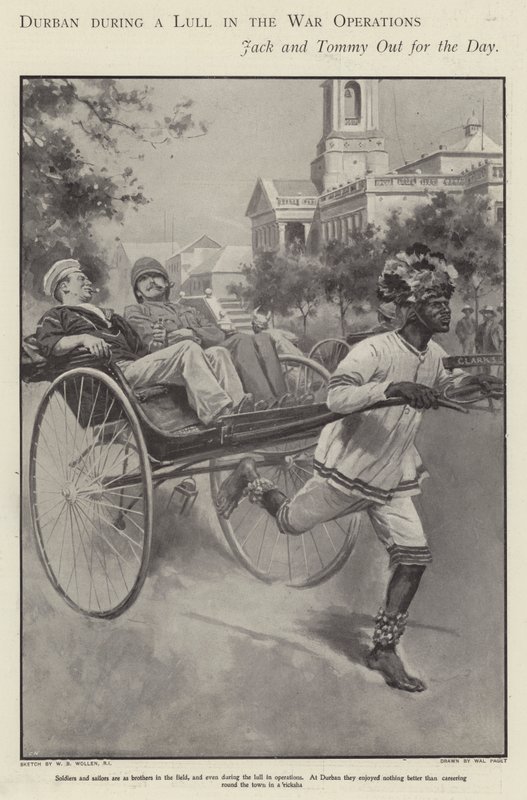 Marinaio e soldato britannici in risciò per le strade di Durban durante una pausa nei combattimenti nella guerra boera da Walter Paget