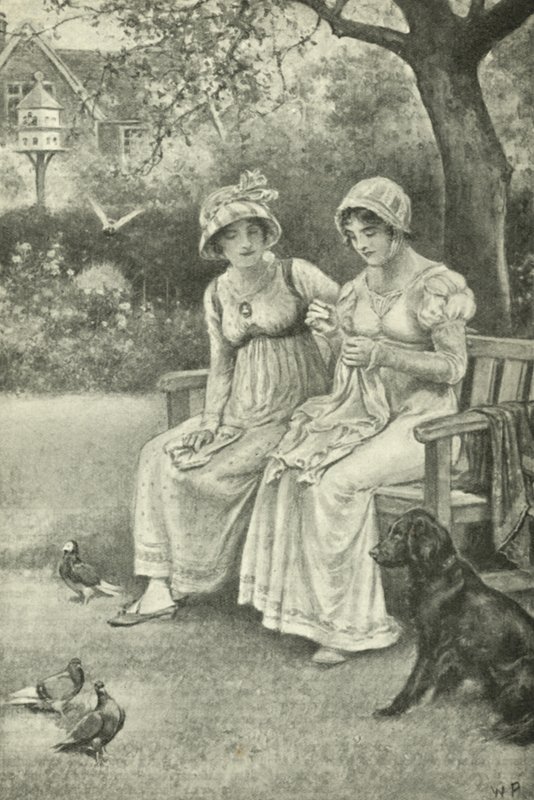 Jane Austen che cuce, con sua sorella Cassandra nel giardino del rettorato da Walter Paget