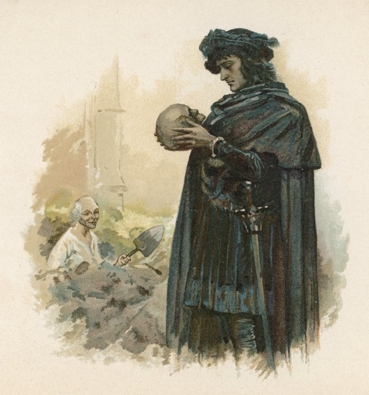 Amleto con il teschio di Yorick (cromolitografia) da Walter Stanley Paget