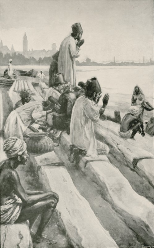 Parsi che adorano il sole nascente sulla spiaggia di Bombay da Walter Stanley Paget