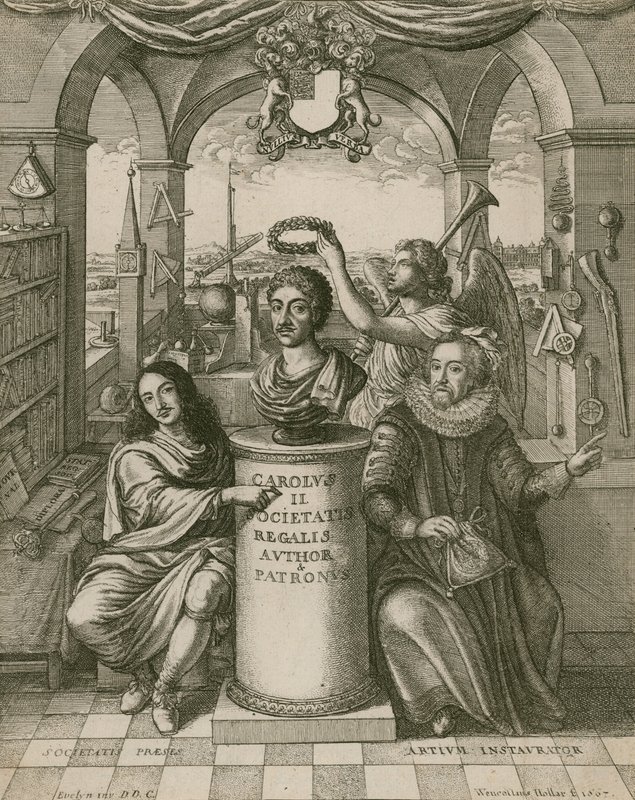Busto di Carlo II, con Lord Brouncker (a sinistra), il primo Presidente della Royal Society, e Francis Bacon (a destra) da Wenceslaus Hollar