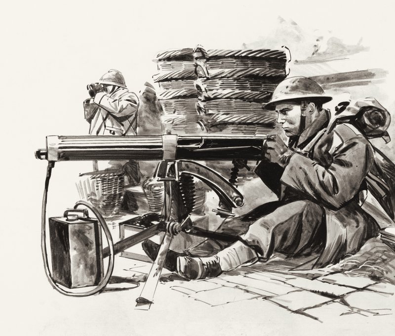 Mitragliere britannico in attesa dei tedeschi fuori da Dunkerque (gouache su carta) da Wilf (20th century) Hardy