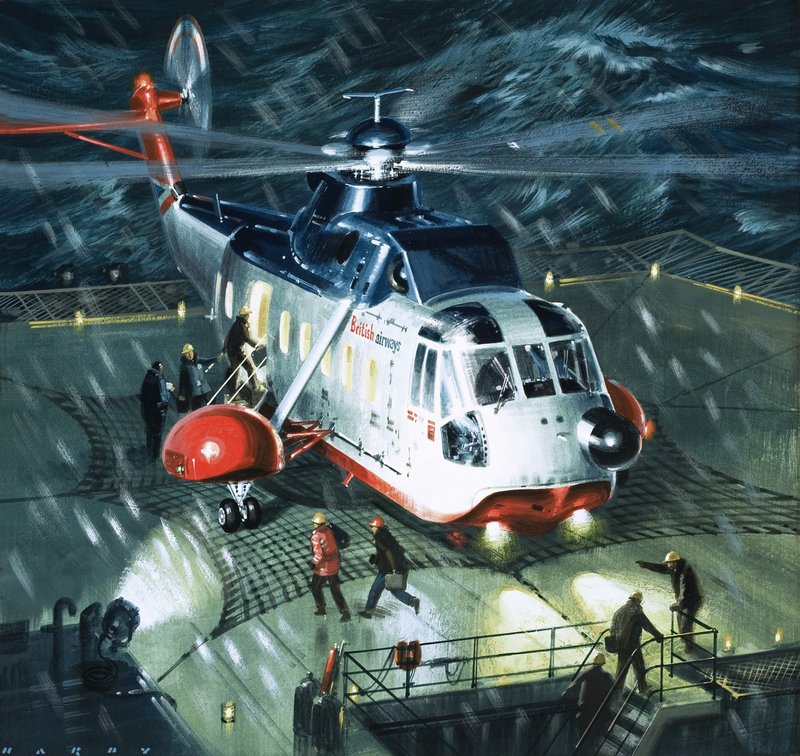 Danger Men of the Oil Fields. un elicottero S-61N della British Airways. da Wilf (20th century) Hardy