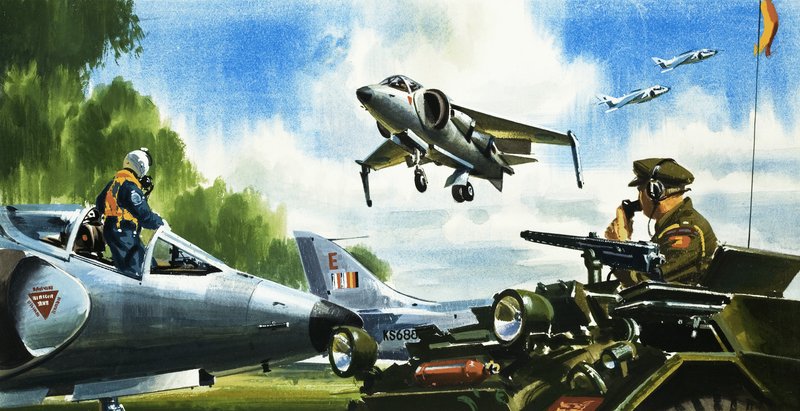 Guarda... Niente pista. Gli ultimi sviluppi in campo aeronautico. Il jet da salto Harrier da Wilf (20th century) Hardy
