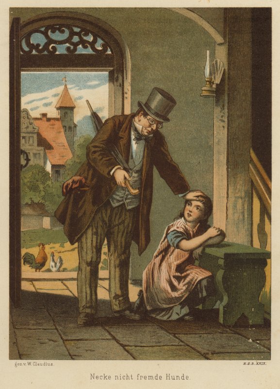 Padre che consola sua figlia dopo che ha subito le conseguenze di aver preso in giro un cane da Wilhelm Ludwig Heinrich Claudius