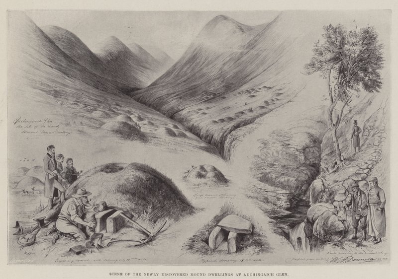 Scena delle abitazioni del tumulo appena scoperte ad Auchingaich Glen da William A. Donnelly