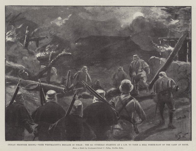 Rivolta alla frontiera indiana, con la brigata di Westmacott a Tirah, i 3° Gurkha partono alle 4 del mattino per prendere una collina a nord-est del campo a Bagh da William Barnes Wollen