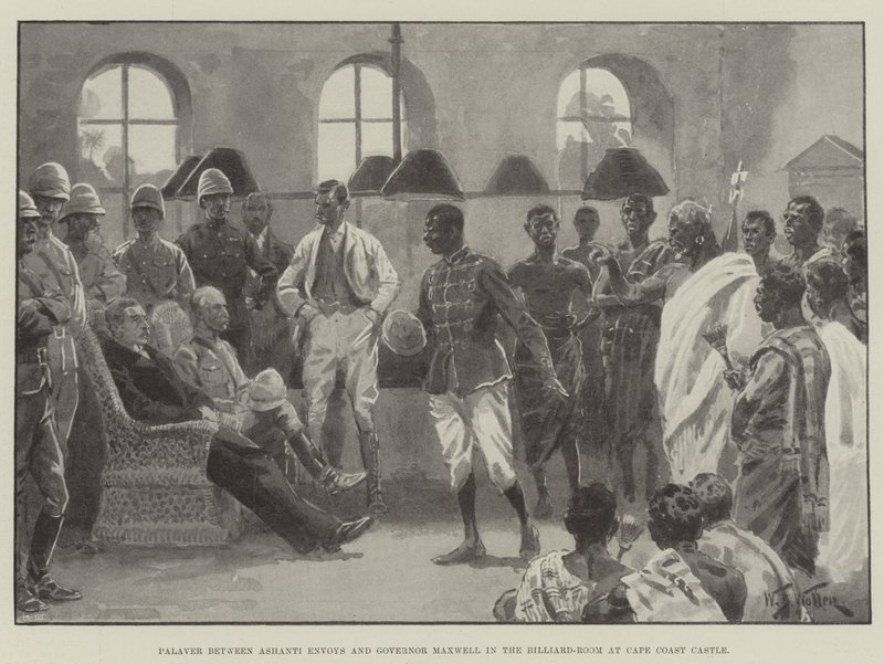 Palaver tra inviati Ashanti e il governatore Maxwell nella sala da biliardo al Cape Coast Castle da William Barnes Wollen