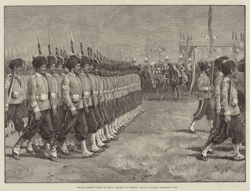 Il principe Alberto Vittorio in India, rassegna a Poonah, fanteria nativa in marcia da William Barnes Wollen
