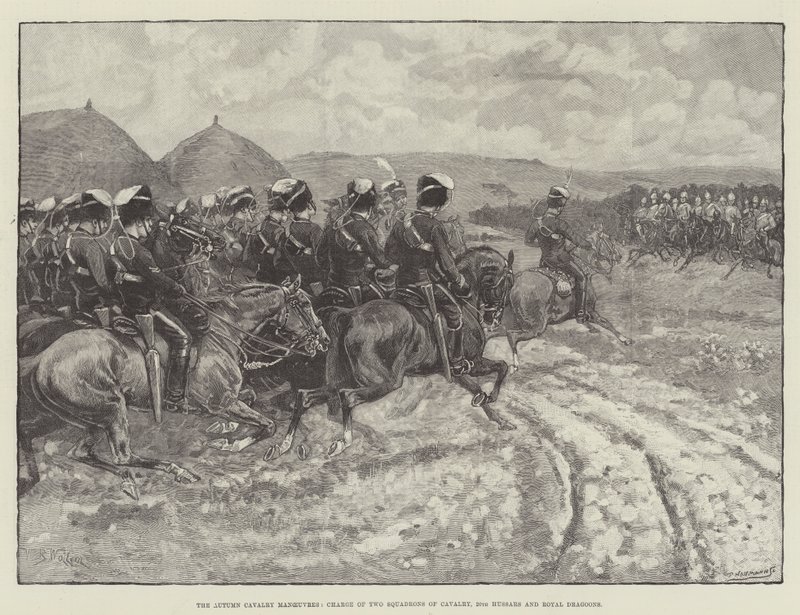 Le manovre di cavalleria autunnali, carica di due squadroni di cavalleria, 20° Ussari e Dragoni Reali da William Barnes Wollen