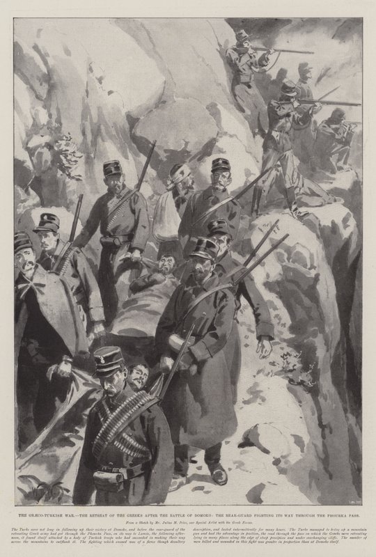 La guerra greco-turca, la ritirata dei greci dopo la battaglia di Domoko, la retroguardia combatte attraverso il passo di Phourka da William Barnes Wollen