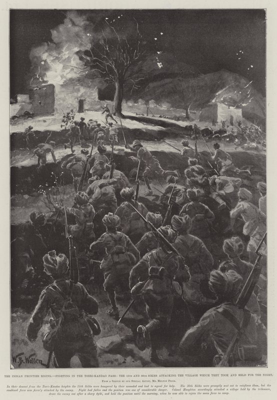 La rivolta della frontiera indiana, combattimenti nel passo di Tseri-Kandao, i Sikh del 15° e 36° attaccano il villaggio che hanno preso e tenuto per la notte da William Barnes Wollen