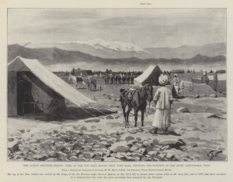 La rivolta della frontiera indiana, veduta della catena del Tor Ghar, dal Forte Bara, che mostra la posizione del Passo Sapri (Ghuzdarra) da William Barnes Wollen