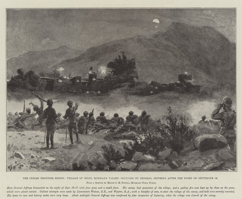 La rivolta della frontiera indiana, villaggio di Bilot, valle di Mohmand, occupato dal generale Jeffreys dopo la battaglia del 16 settembre da William Barnes Wollen