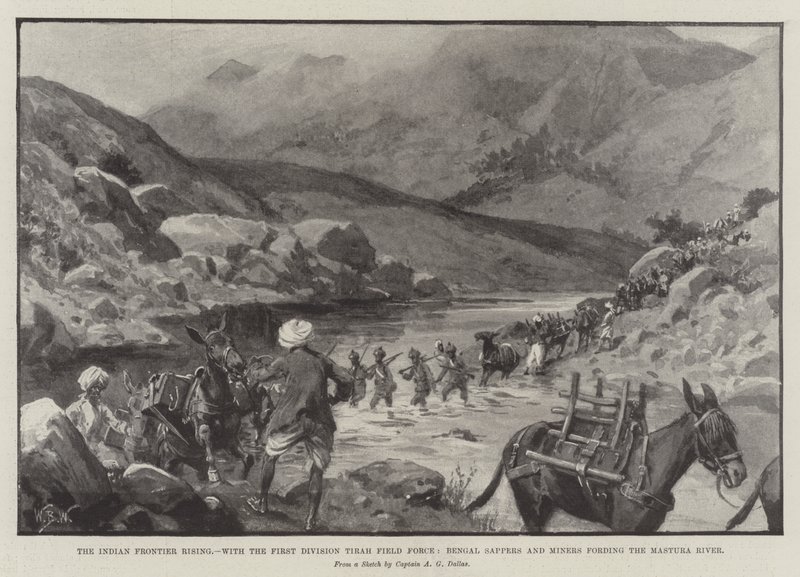 La rivolta della frontiera indiana, con la Prima Divisione Tirah Field Force, Bengal Sappers e Miners che attraversano il fiume Mastura da William Barnes Wollen