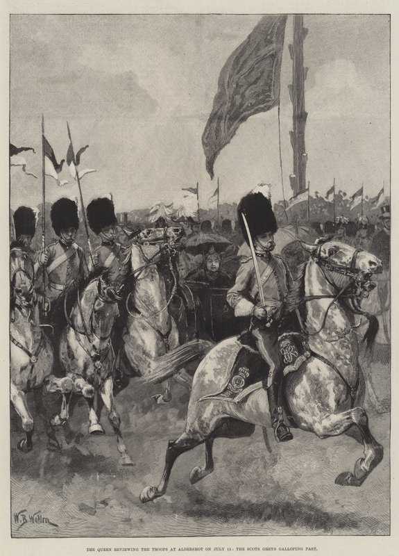 La Regina che passa in rassegna le truppe ad Aldershot il 13 luglio, i Greys scozzesi al galoppo da William Barnes Wollen