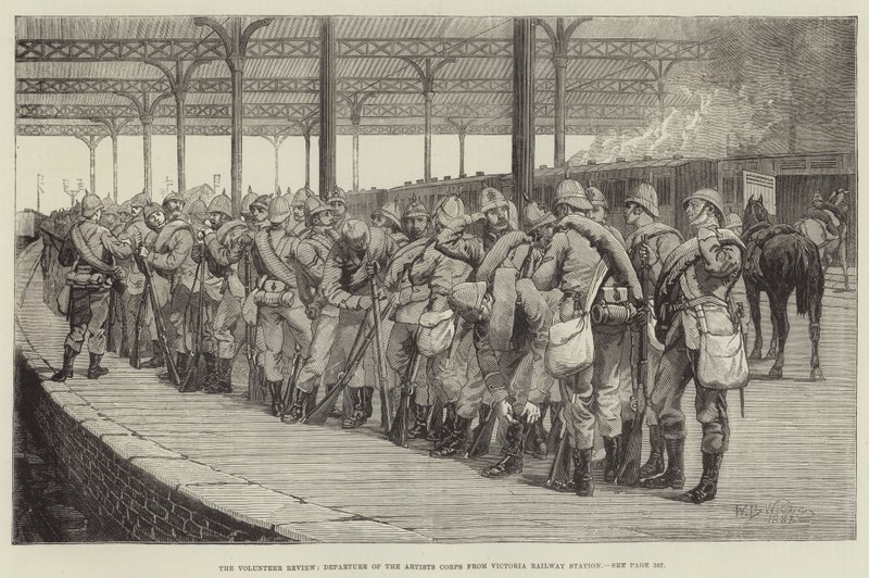 La revisione dei volontari, partenza del Corpo degli Artisti dalla stazione ferroviaria di Victoria da William Barnes Wollen