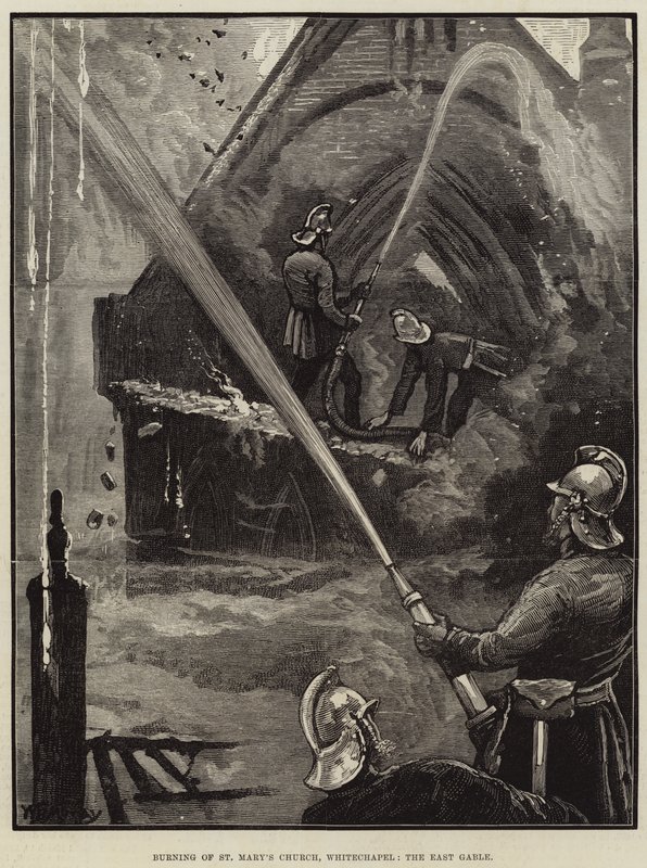 Incendio della Chiesa di Santa Maria, Whitechapel, il frontone orientale da William Bazett Murray