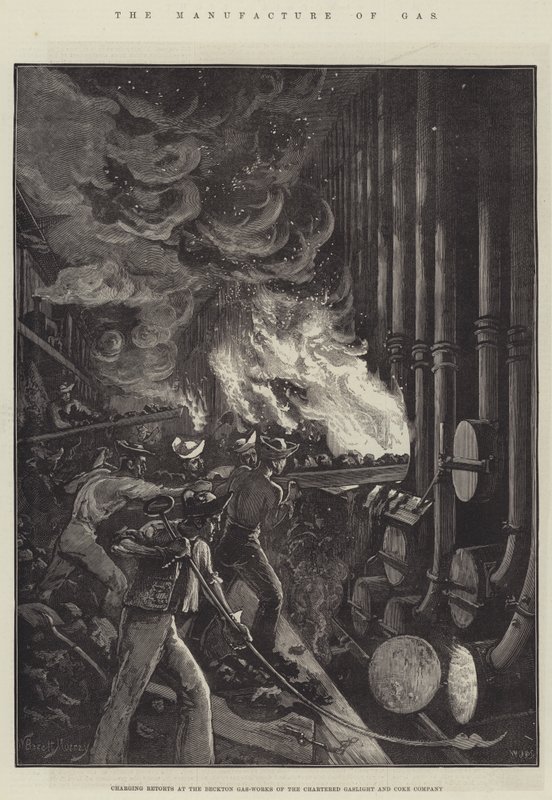 La fabbricazione del gas, caricamento dei retorti presso le Beckton Gas-Works della Chartered Gaslight and Coke Company da William Bazett Murray