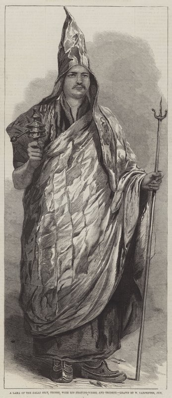 Un Lama della setta Dalai, Tibet, con la sua ruota di preghiera e tridente da William Carpenter