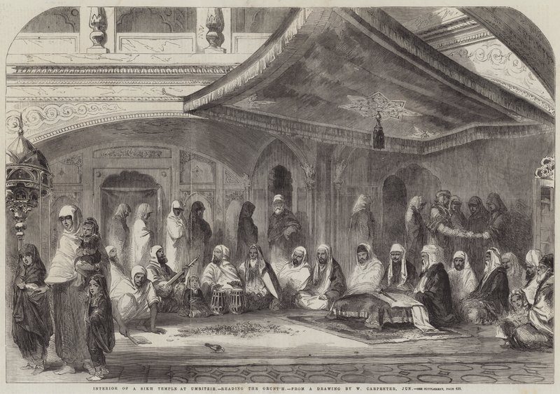 Interno di un tempio Sikh a Umritzir, lettura del Grunt