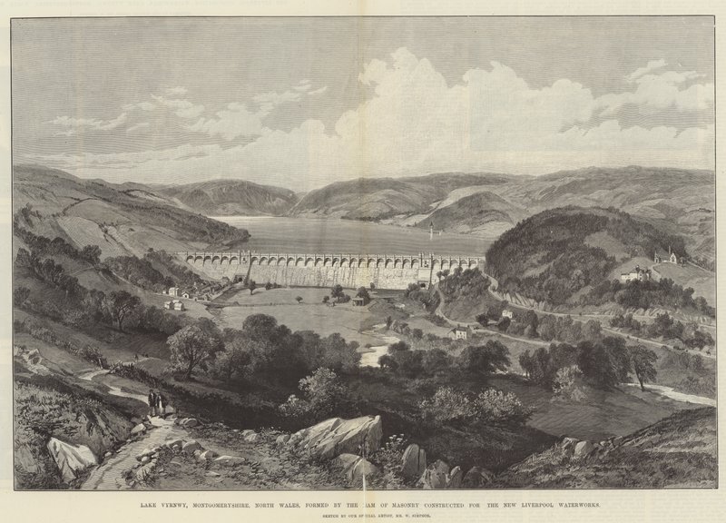 Lago Vyrnwy, Montgomeryshire, Galles del Nord, formato dalla diga di muratura costruita per i nuovi acquedotti di Liverpool da William Crimea Simpson