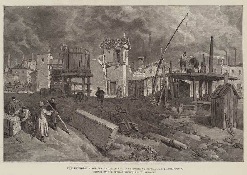 I pozzi di petrolio a Baku, il Tcherny Gorod, o Città Nera da William Crimea Simpson