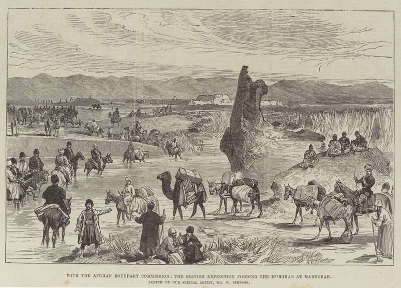 Con la Commissione di Confine Afghana, la Spedizione Britannica che guada il Murghab a Maruchak da William Crimea Simpson