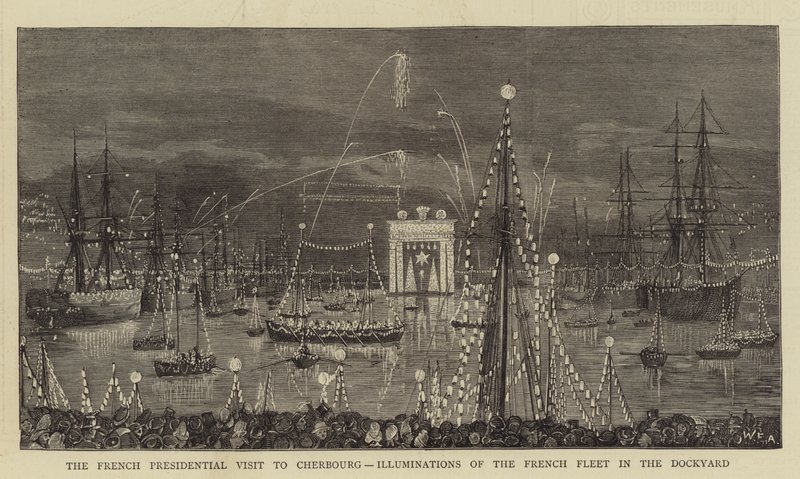 La visita presidenziale francese a Cherbourg, illuminazioni della flotta francese nel cantiere navale da William Edward Atkins