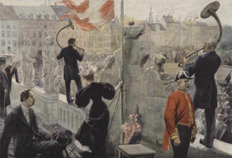 Trombettieri sul tetto del Museo Etnografico di Copenaghen nel giorno di mezza estate da William Friedrich Georg Pape