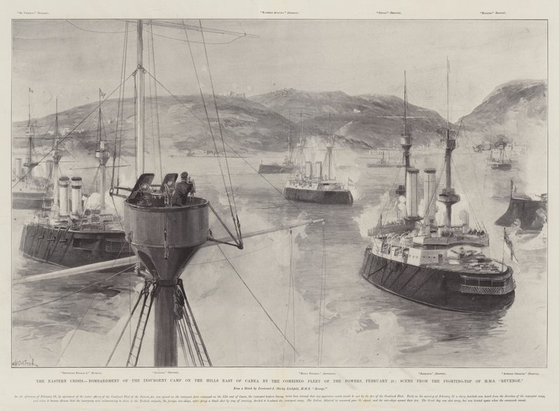 La crisi orientale, bombardamento del campo degli insorti sulle colline a est di Canea da parte della flotta combinata delle potenze, 21 febbraio, scena dalla cima di combattimento della HMS Revenge da William Heysham Overend