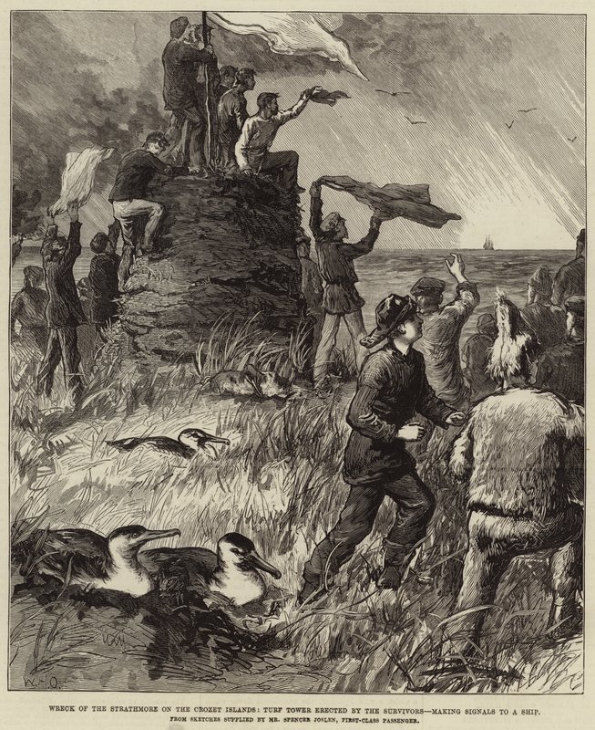 Naufragio dello Strathmore sulle Isole Crozet, Torre di Zolle eretta dai Sopravvissuti, Segnalando a una Nave da William Heysham Overend