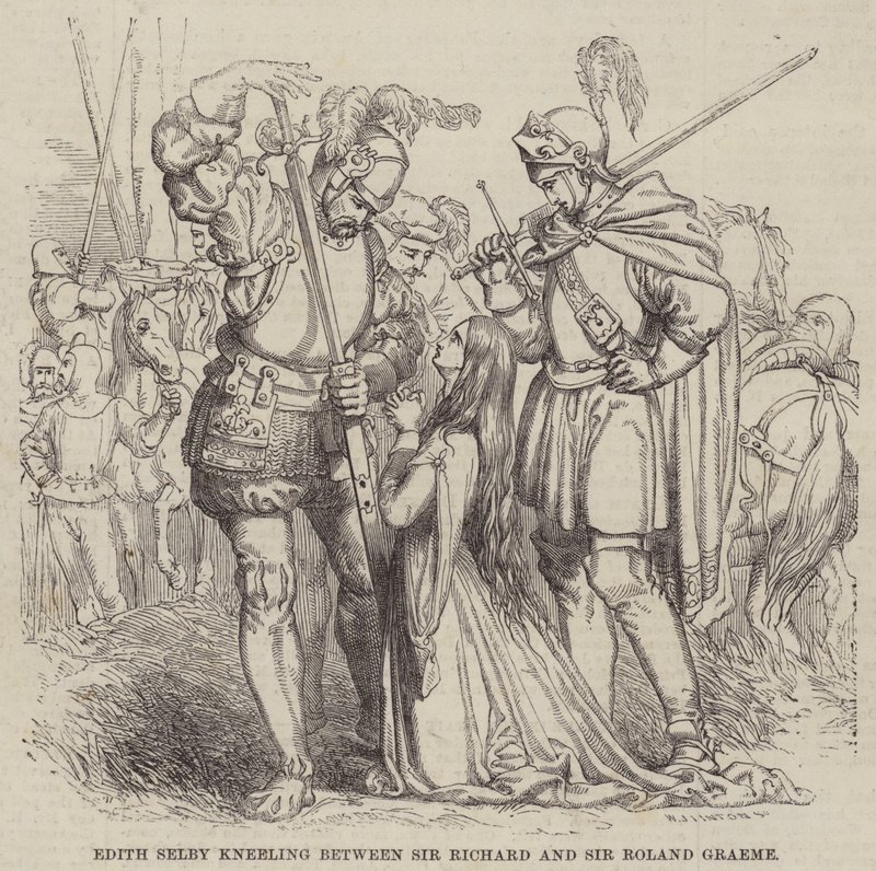 Edith Selby inginocchiata tra Sir Richard e Sir Roland Graeme da William James Linton
