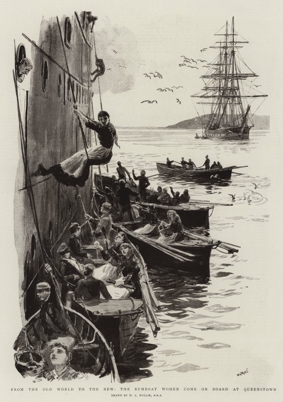 Dal vecchio mondo al nuovo, le donne del bumboat salgono a bordo a Queenstown da William Lionel Wyllie