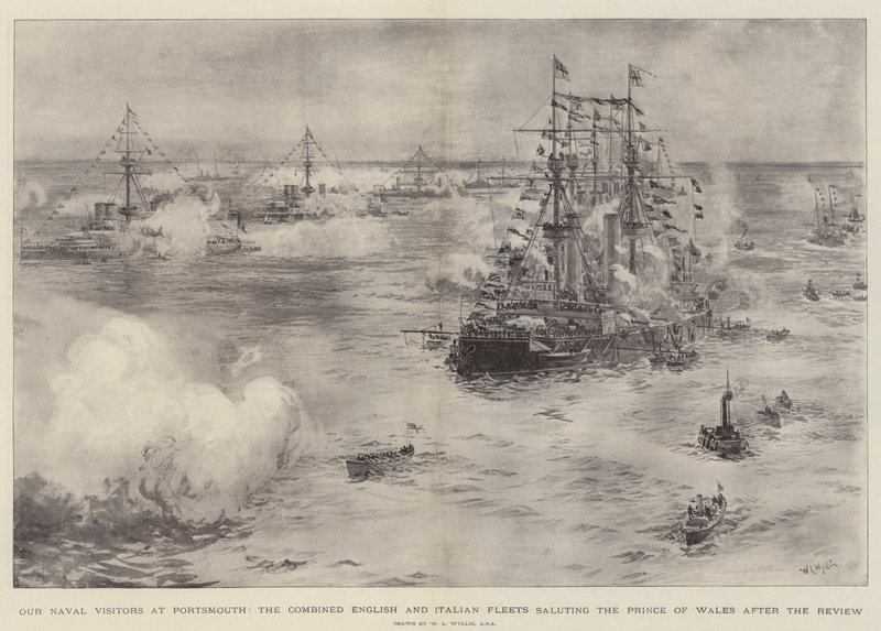 I nostri visitatori navali a Portsmouth, le flotte combinate inglesi e italiane salutano il Principe di Galles dopo la revisione da William Lionel Wyllie