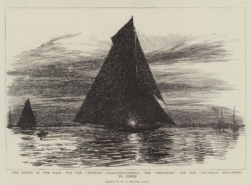 La fine della gara per il Meteor Challenge-Shield, il Britannia e il Satanita che tornano a Cowes da William Lionel Wyllie