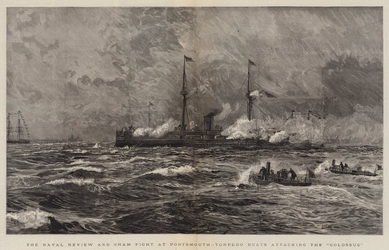 La rivista navale e la finta battaglia a Portsmouth, barche siluranti che attaccano il Colossus da William Lionel Wyllie