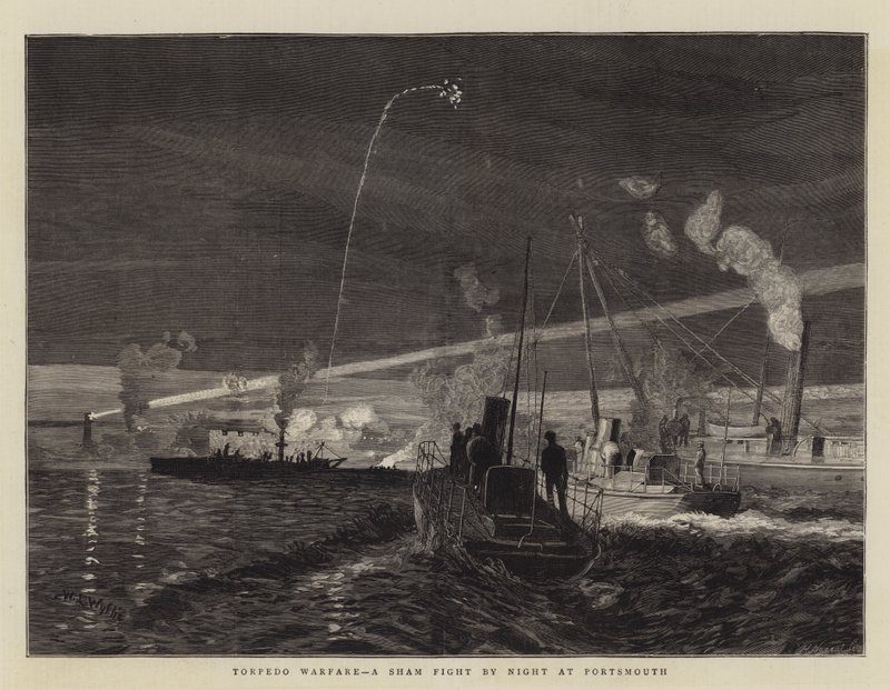 Guerra con i siluri, una finta battaglia notturna a Portsmouth da William Lionel Wyllie