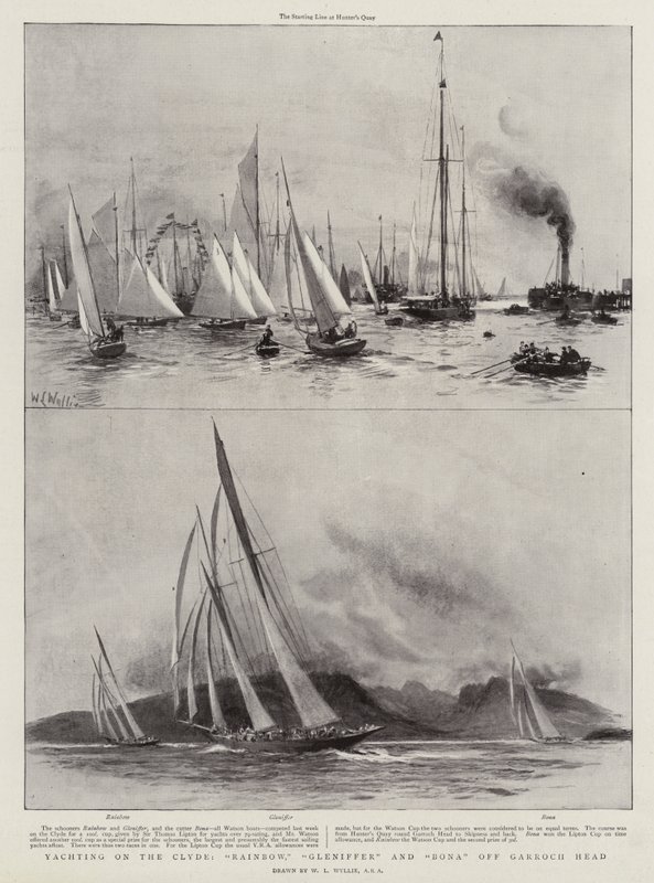 Regate sul Clyde, Rainbow, Gleniffer e Bona al largo di Garroch Head da William Lionel Wyllie