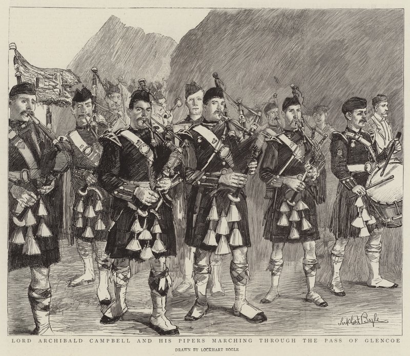Lord Archibald Campbell e i suoi pifferai che marciano attraverso il Passo di Glencoe da William Lockhart Bogle