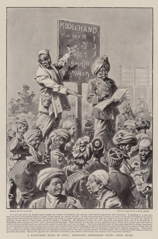 Una scena di ippodromo in India, bookmaker bengalesi al lavoro da William T. Maud