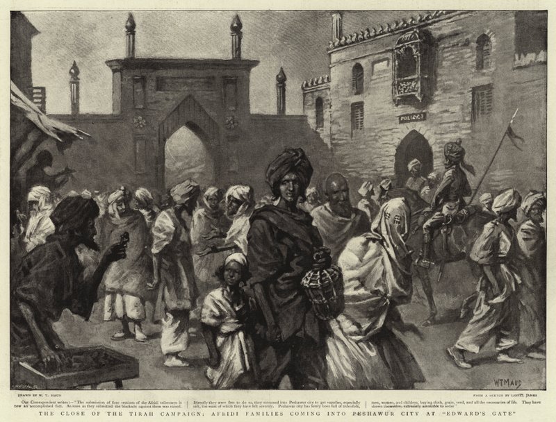 La fine della campagna di Tirah, famiglie Afridi che entrano nella città di Peshawar alla Porta di Edward da William T. Maud