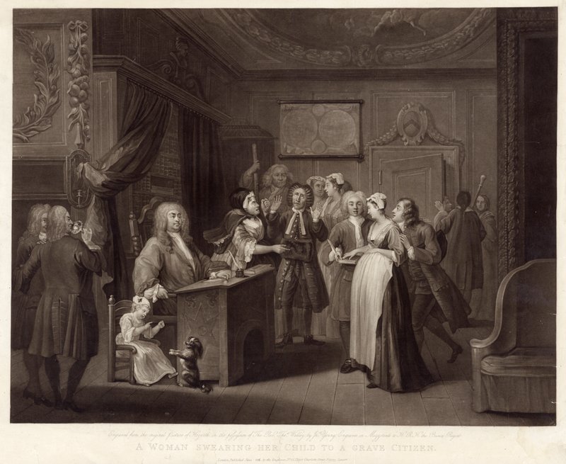 Una donna che giura il suo bambino a un cittadino grave (mezzotinto) da William (after) Hogarth