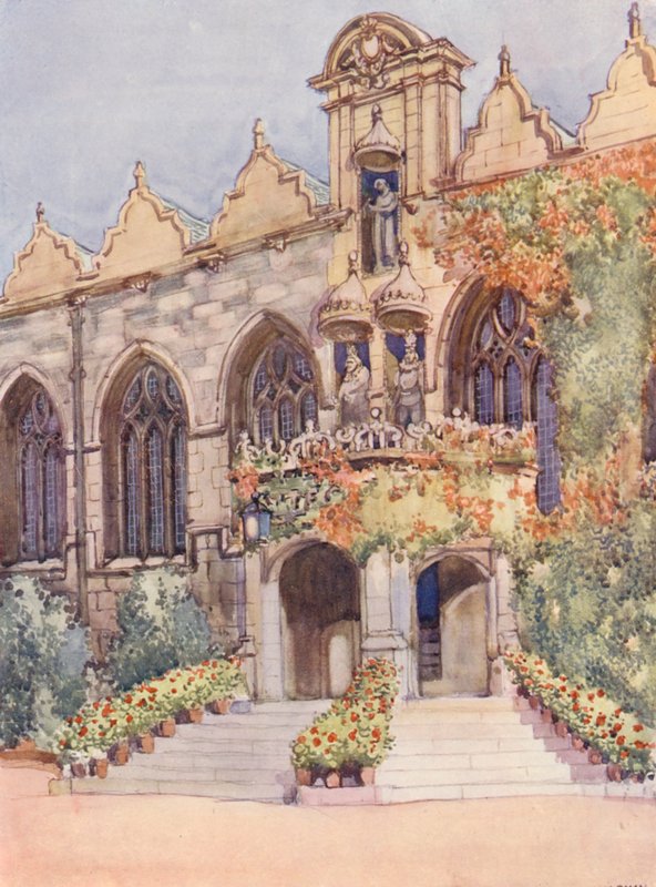 Ingresso alla Sala del Oriel College, con statue della Vergine e del Bambino, Edoardo II, il fondatore nominale del college, e Carlo I, durante il cui regno fu costruita la sala da William Ainsworth Wildman